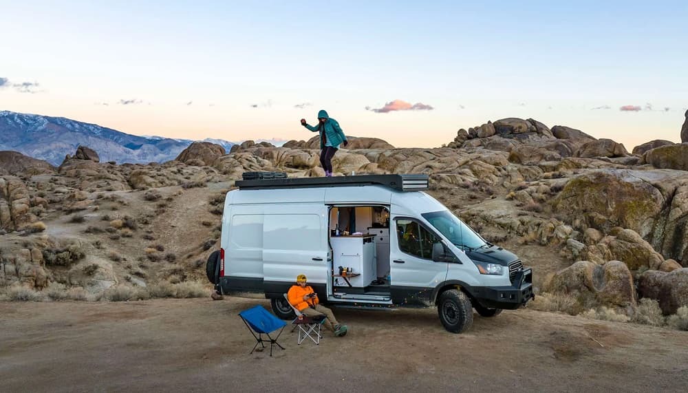 van in the mountains with installed hydronic heating system