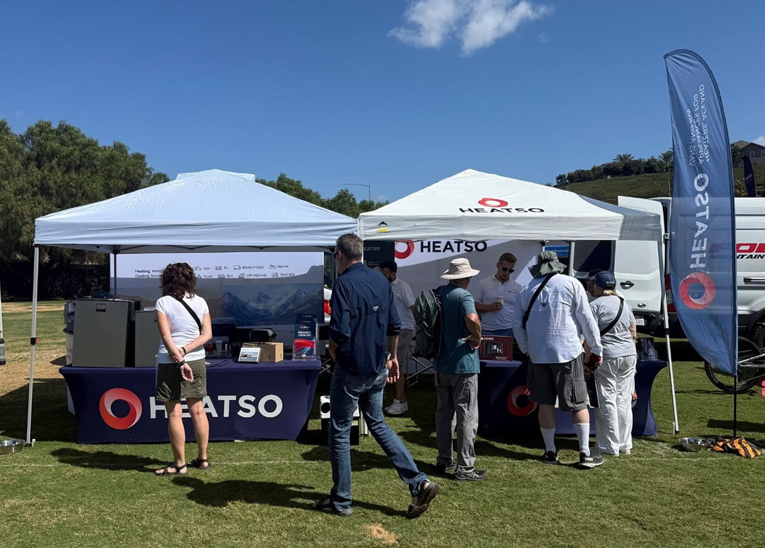 Image of the Heatso company at an exhibition featuring Webasto and Ebersp&auml;cher heaters.
